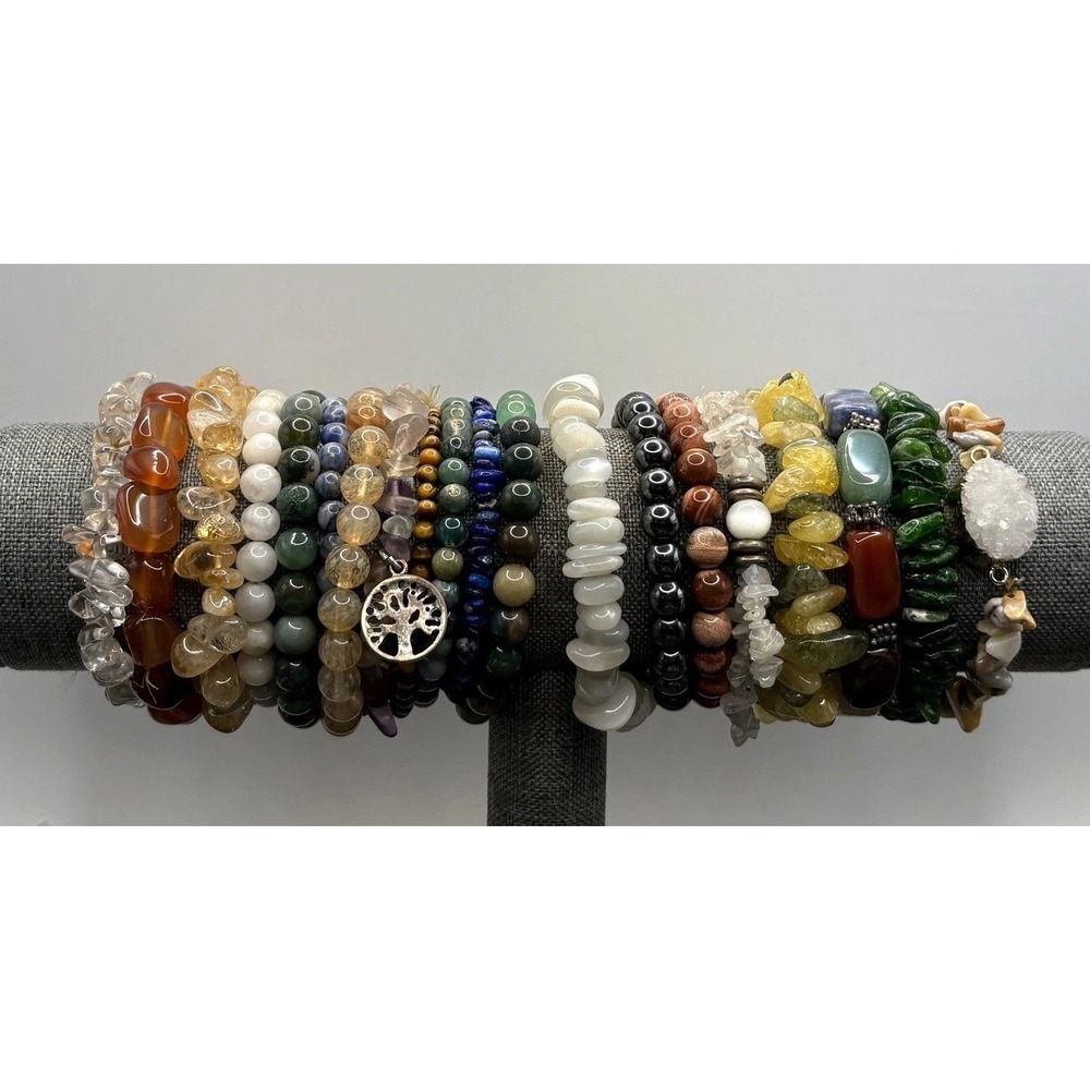 Lot of 20 Gemstone Beaded Stretch Bracelets Quartz Agate Jasper Citrine Jade